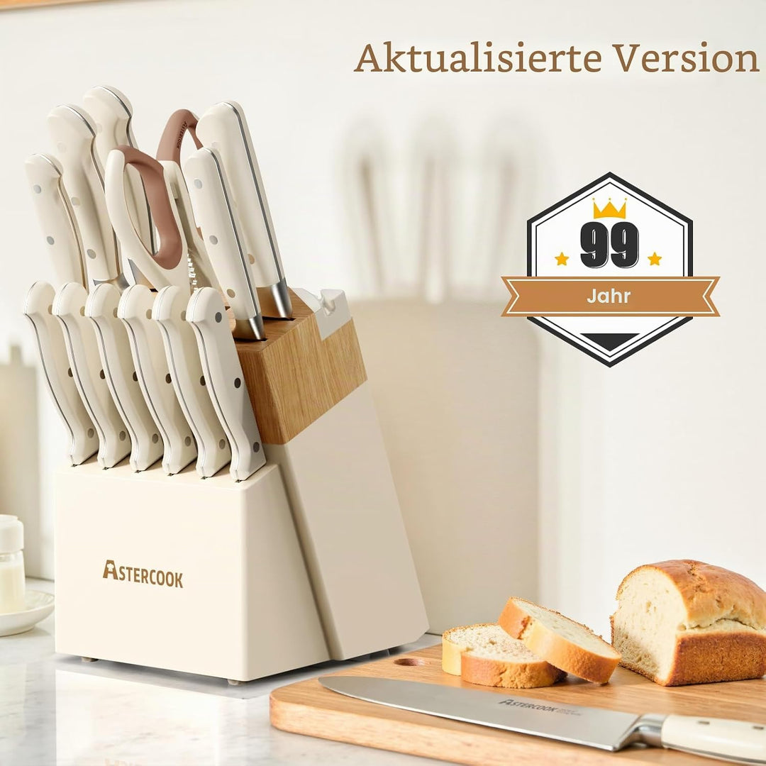 Astercook Messer-Set, Küchenmesser-Set mit Block, 14-teilig, Vollzapfen, Edelstahlmesser mit Schärfe