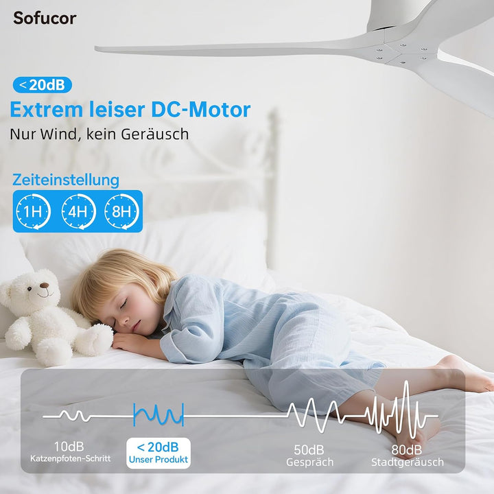 Sofucor 132cm Deckenventilator mit Fernbedienung, Massivholz Deckenventilator ohne Licht, Leise DC M