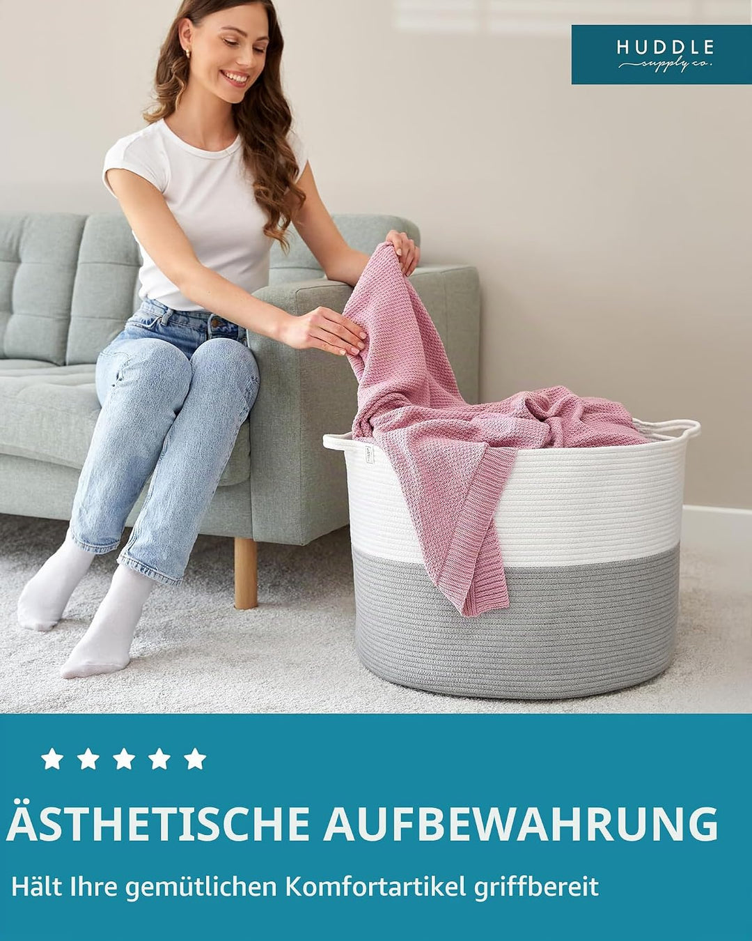 Waschbarer Jumbo-Deckenkorb in Grösse 4XL, 125 l, gewebter dekorativer Korb aus Baumwollseil mit Gri