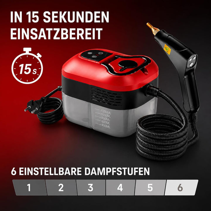 2500W Handdampfreiniger mit Schnellaufheizung in 15 Sekunden und 6 Dampfstufen – tragbarer Hochdruck