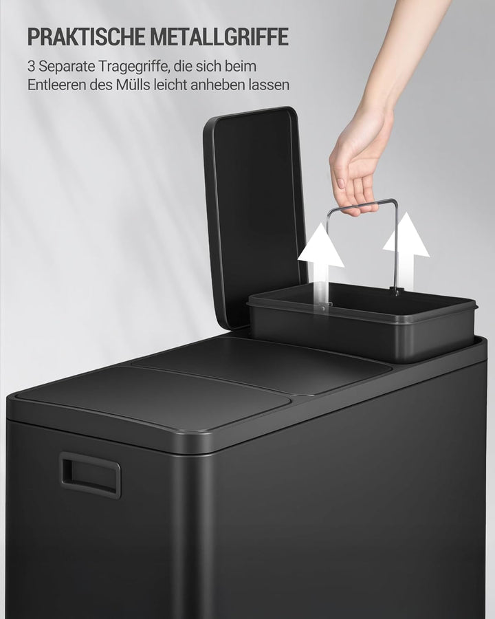 Hzuaneri Mülleimer Küche, Mülltrennsystem 3 Fächer 45L (3 x 15 L), Edelstahl-küchenmülleimer, Tretmü