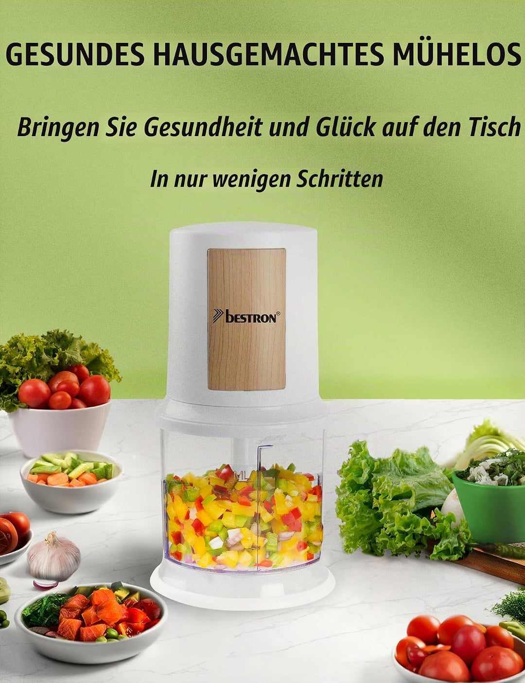 Bestron elektrischer Multi-Zerkleinerer, Universalzerkleinerer mit zwei Schneidemessern &amp; 500ml Kapa