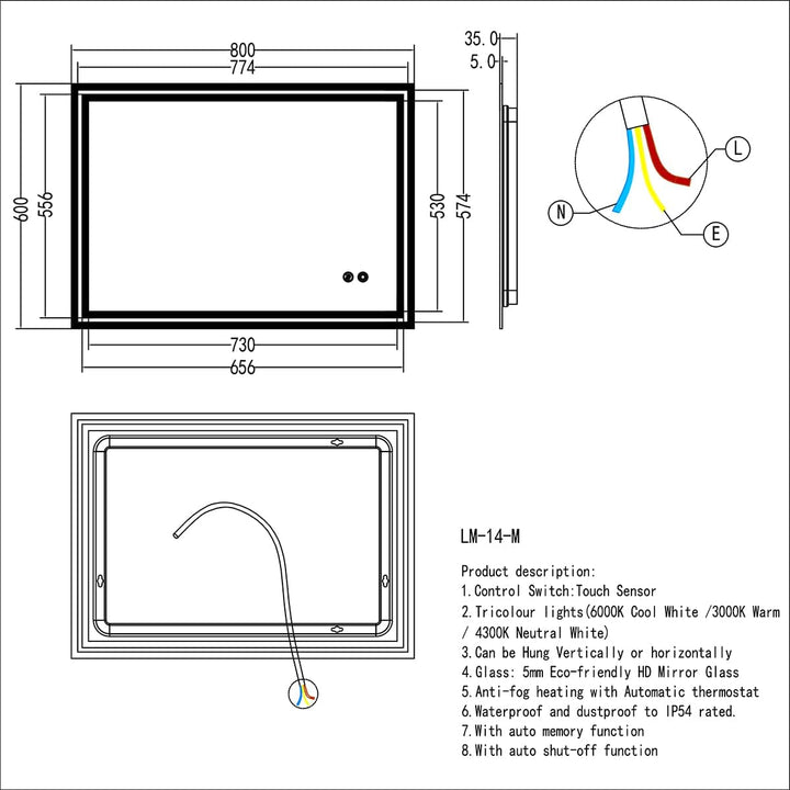 LED Badspiegel Badezimmerspiegel mit 3-Farben des Lichts Badezimmer Beleuchtung Antibeschlag Wandspi