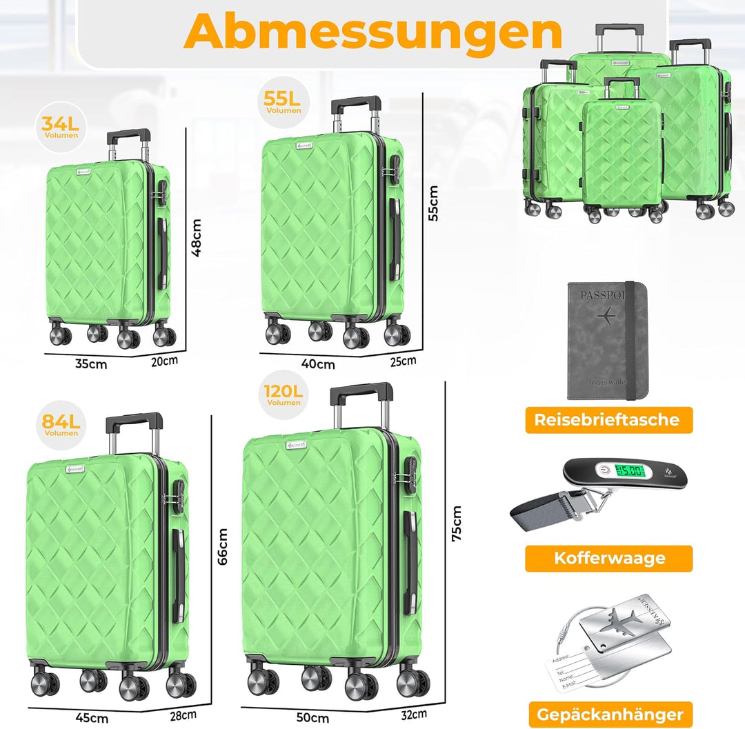 KESSER® Reisekoffer Set 4-teilig | Kofferset ABS Hartschalenkoffer mit Zahlenschloss, Kofferwaage &amp;
