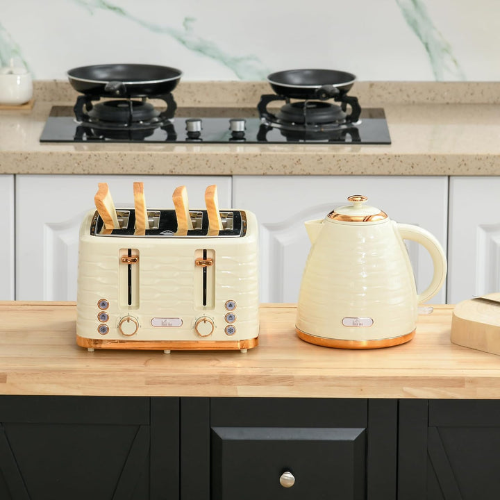 HOMCOM Wasserkocher Toaster Set Frühstück-Set mit 1,7L Wasserkocher, 4 Scheiben Toaster, 2200 W, 7 B