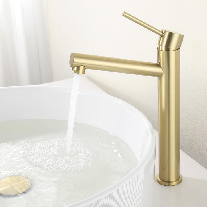 Hoch Waschtischarmatur Matt Gold, Wasserhahn Bad Hohe Armatur für Aufsatzwaschbecken, Einhebelmische