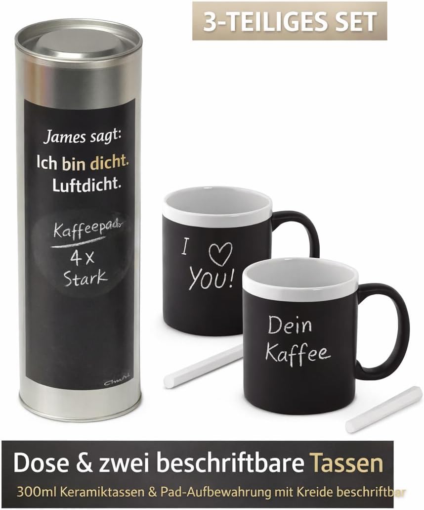 XXL Kaffeepad-Dose für bis zu 36 Pads, 31 cm, mit zwei beschriftbaren 300 ml Keramikbechern, Kreide
