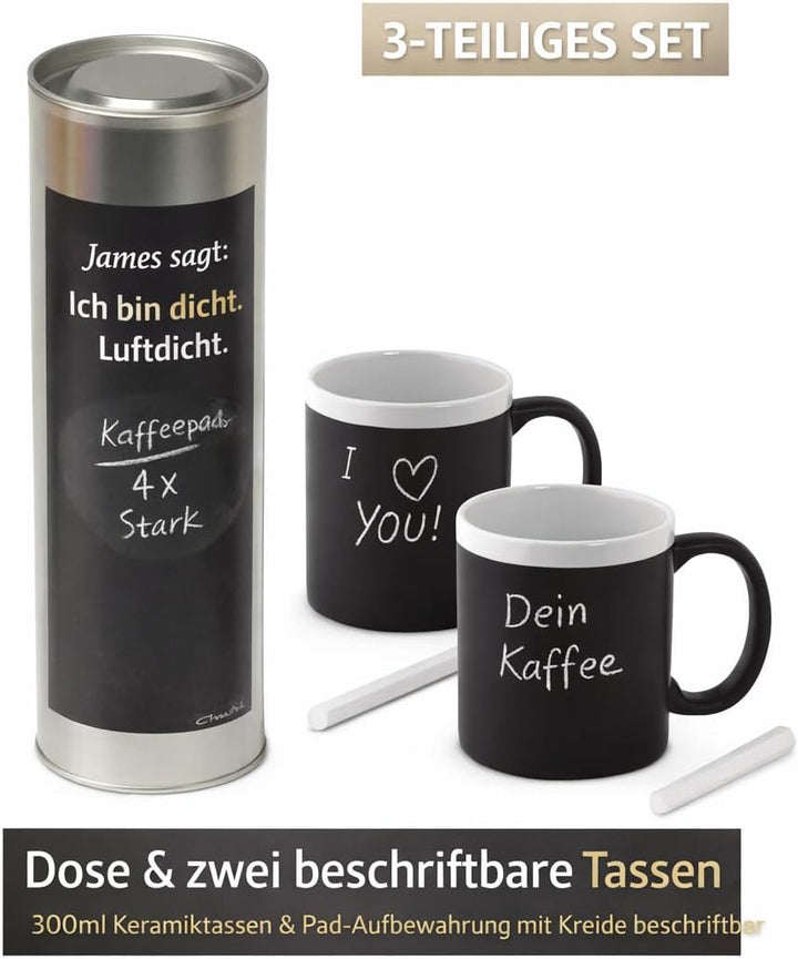 XXL Kaffeepad-Dose für bis zu 36 Pads, 31 cm, mit zwei beschriftbaren 300 ml Keramikbechern, Kreide