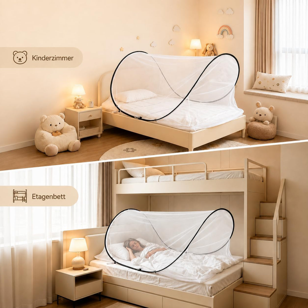 Moskitonetz Bett Pop Up mit Boden und Reissverschluss, verstellbar 90x200cm