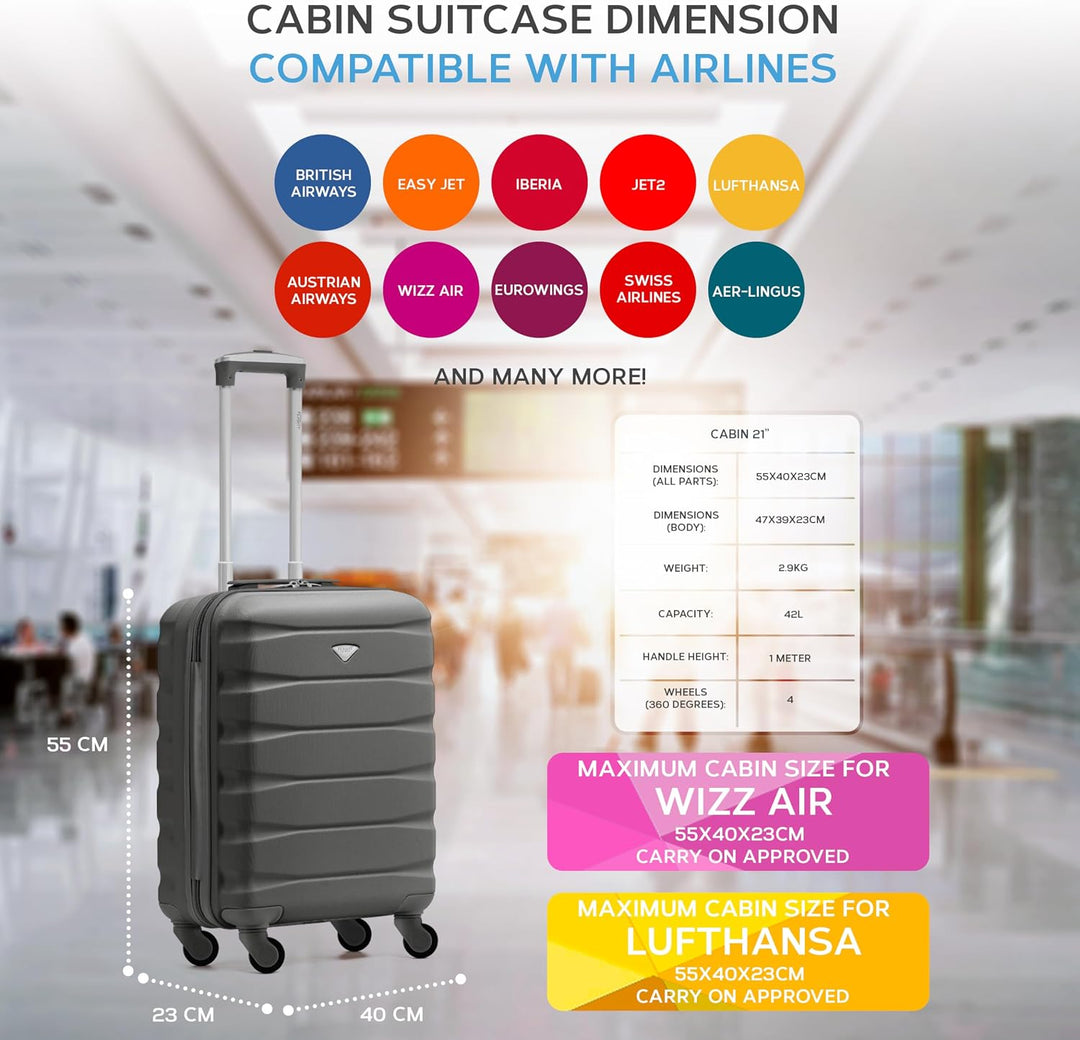 Flight Knight Leichte 4-Rad-ABS-Hartschalenkoffer Handgepack, zugelassen fur uber 35 Fluggesellschaf