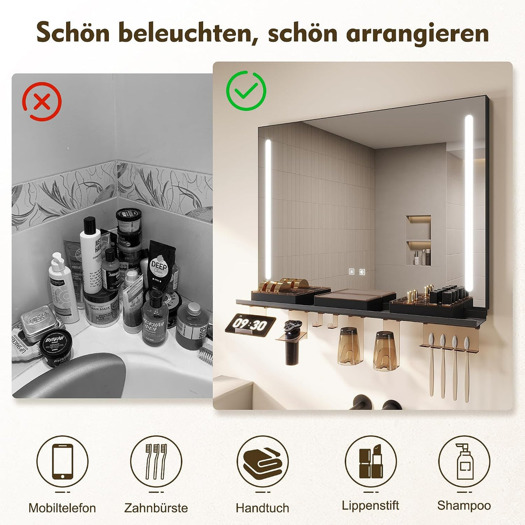 SONNI LED Badspiegel 50x70cm + 50cm Ablage, Touch Badezimmerspiegel mit Beleuchtung, 3 Lichtfarben,