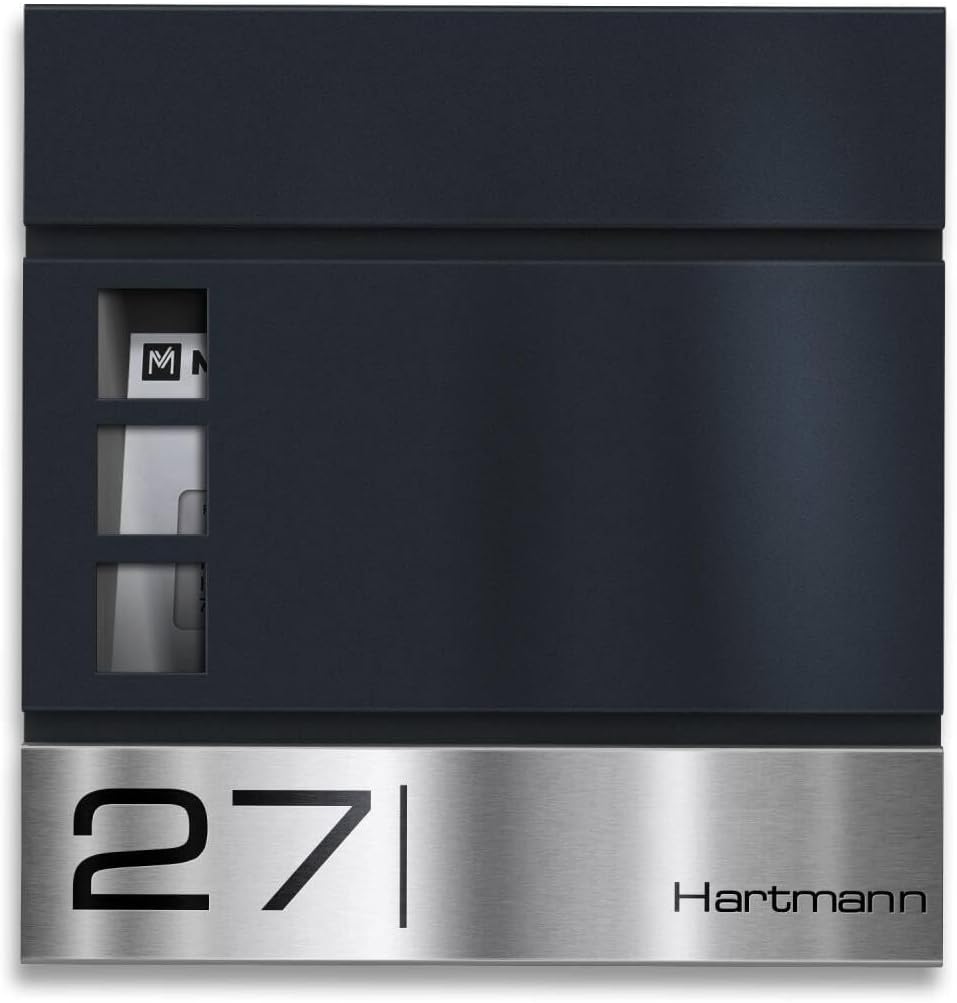Metzler Briefkasten Anthrazit RAL 7016 Stahl mit Sichtfenster - Edelstahl Laser Gravur Namensschild