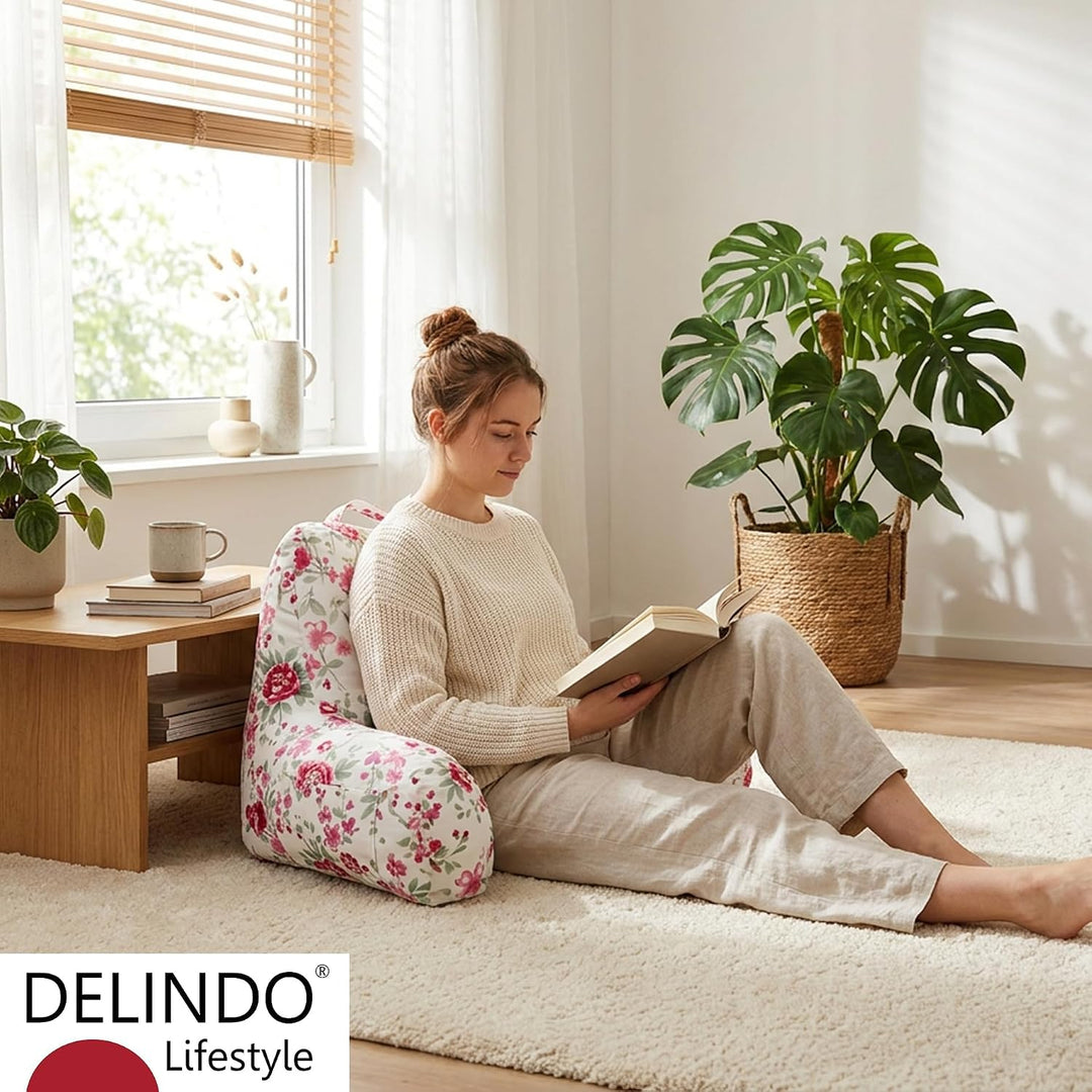 Delindo Lifestyle Lesekissen Bett mit Armlehnen, Rosen Rückenkissen für Erwachsene mit Zwei Seitenta