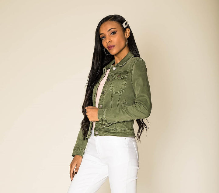 Nina Carter J212 Damen Slim-Fit Jeansjacke – Farbige Übergangsjacke mit Kent-Kragen und Taschen – Fr
