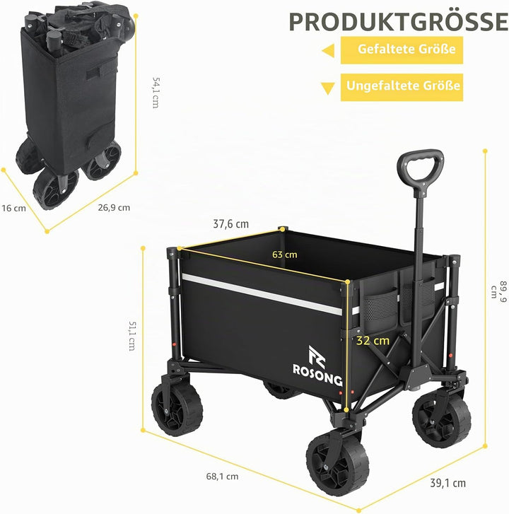 ROSONG Faltbarer Bollerwagen mit Rädern, zusammenklappbar, robust, für Einkäufe, Sport, Garten, Eink