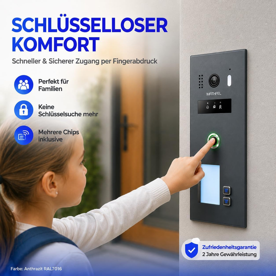 Mathfel 2-Draht IP Video Türsprechanlage 2 Familienhaus mit Fingerprint – Anthrazit Aussenstation, R