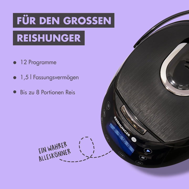 Reishunger Digitaler Reiskocher &amp; Dampfgarer Schwarz + Gratis Kochbuch – Warmhaltefunktion, Timer &amp;