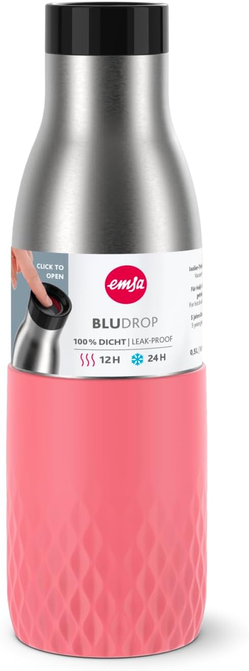 Emsa Bludrop Sleeve Isolier-Trinkflasche, 0,5 Liter, 100% dicht, Quick-Press Verschluss, Ergonomisch