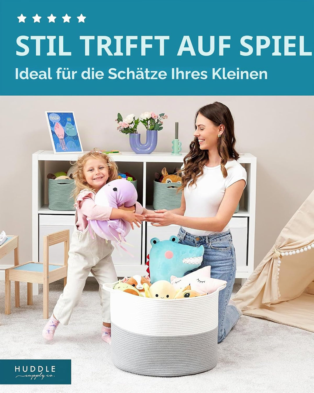 Waschbarer Jumbo-Deckenkorb in Grösse 4XL, 125 l, gewebter dekorativer Korb aus Baumwollseil mit Gri