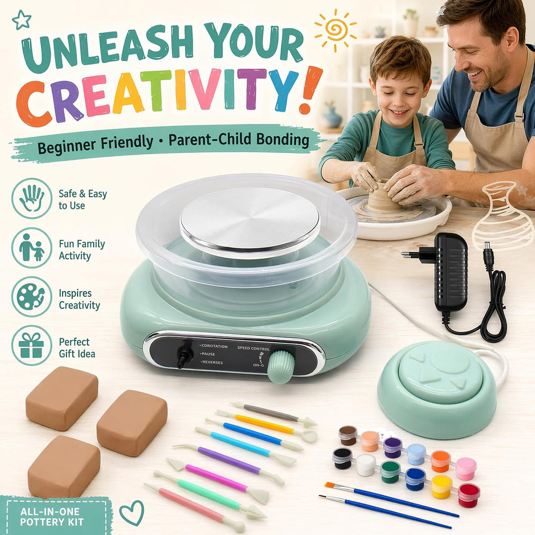 Mini-Töpferscheibe Set 4,7", elektrische Drehscheibe mit Werkzeugen und Ton | Komplettes töpferset m