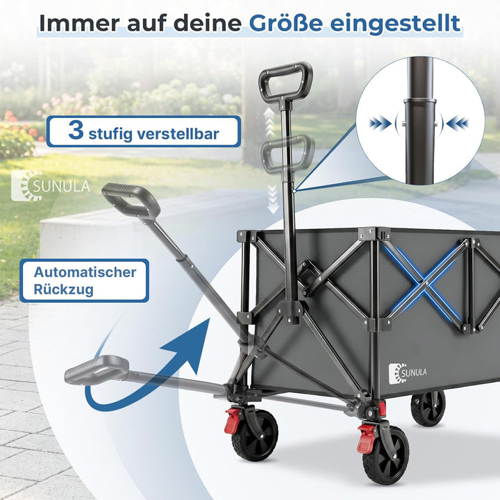 SUNULA Bollerwagen 120 L – 4-seitig zusammenfaltbarer Handwagen klappbar Grau 120L, Grau 120L