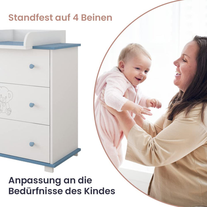 Kiki design Kommode mit Wickeltisch | 80x46 cm | Wickelkommode mit 3 Schubladen | Für Kinderzimmer |