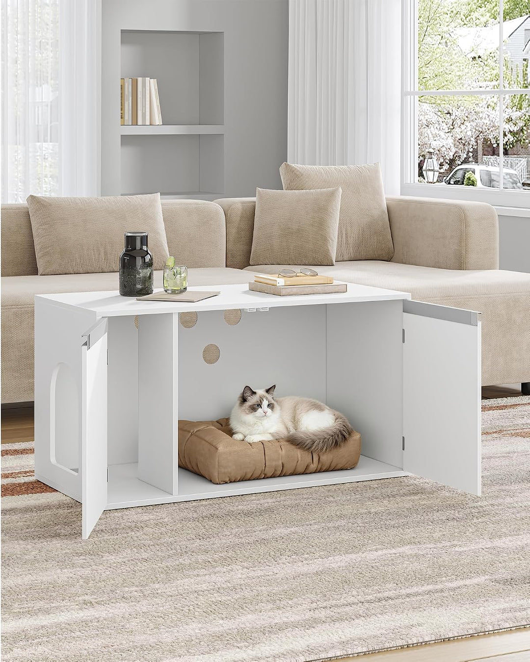 Hzuaneri Katzenschrank, 100cm Katzenklo Schrank Abnehmbarer Trennwand, Weiss | Katzenhaus Verstellba