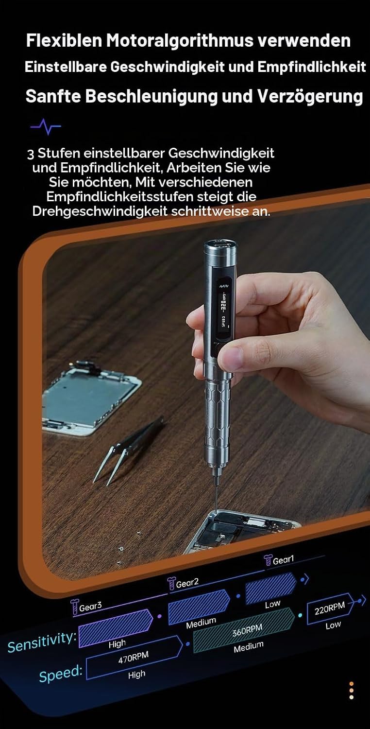 MINIWARE ES15S Elektrischer Schraubendreher Motion Control Ladewerkzeug 24 Bits OLED-Display Wiedera