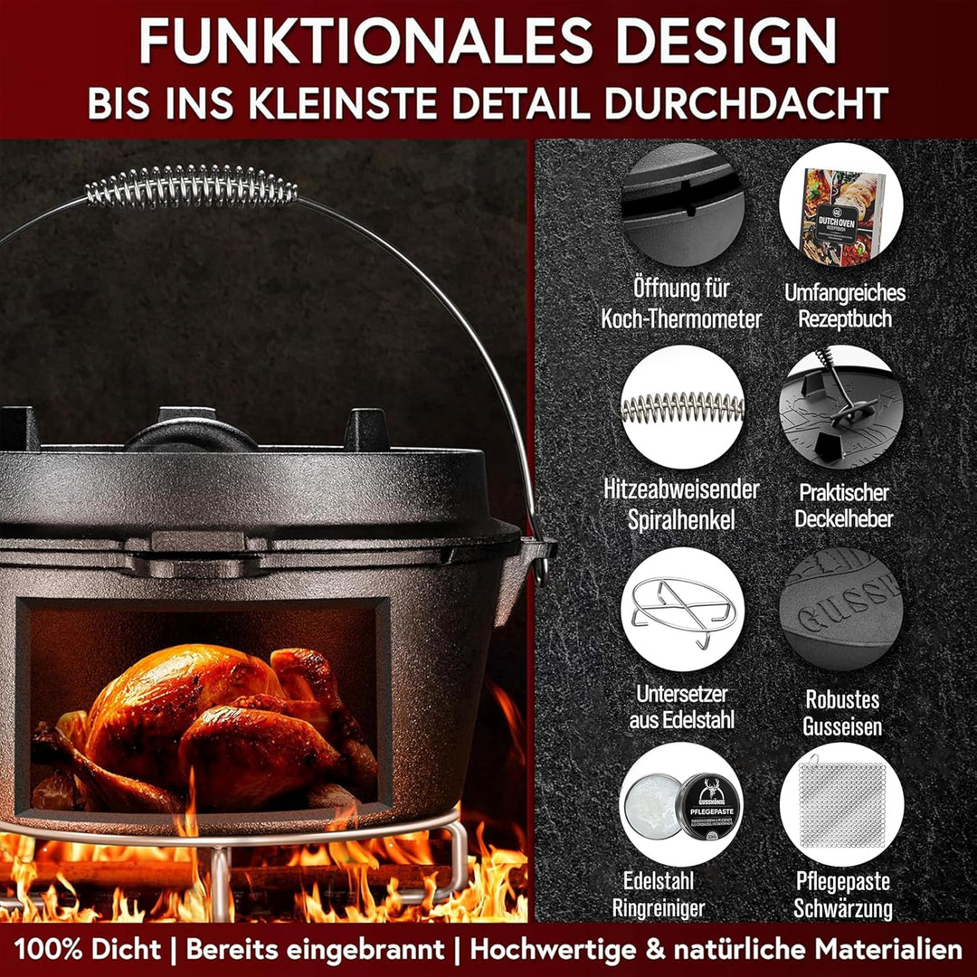 GUSSKÖNIG Dutch Oven Set [9L ] - Eingebrannter Feuertopf mit praktischem Deckelheber und Edelstahl U