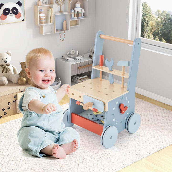 COSTWAY Lauflernwagen Holz, Baby Lauflernhilfe mit Multi-Aktivitätszentrum, Kinder Werkbank Spieltis
