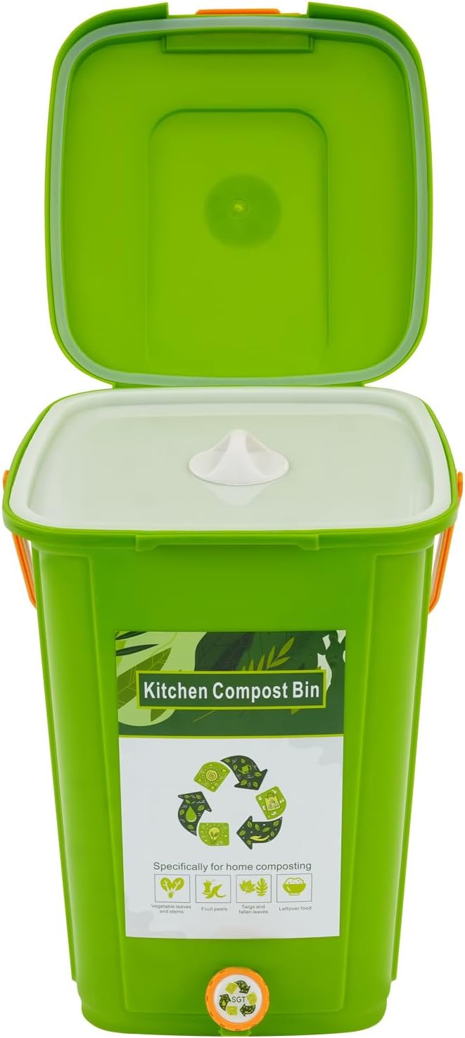 Biomülleimer Küche, Kompostbehälter mit Innere Abdeckplatte und Filterplatte,Mülleimer mit Hahn,Dopp