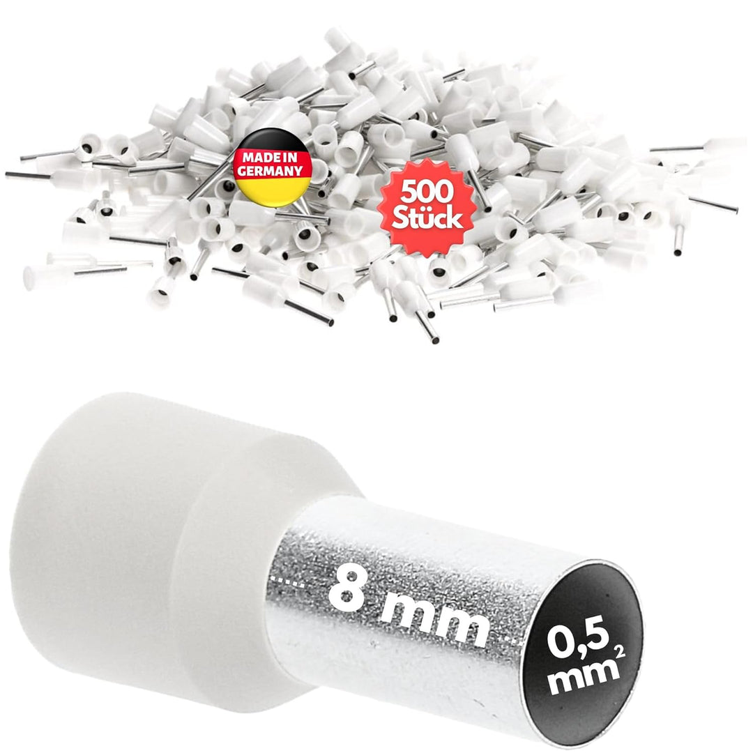Kalitec 500x Aderendhülsen Isoliert 0,5mm² - 8mm Kabelhülsen Weiss | UL-Zertifizierte Endhülsen aus