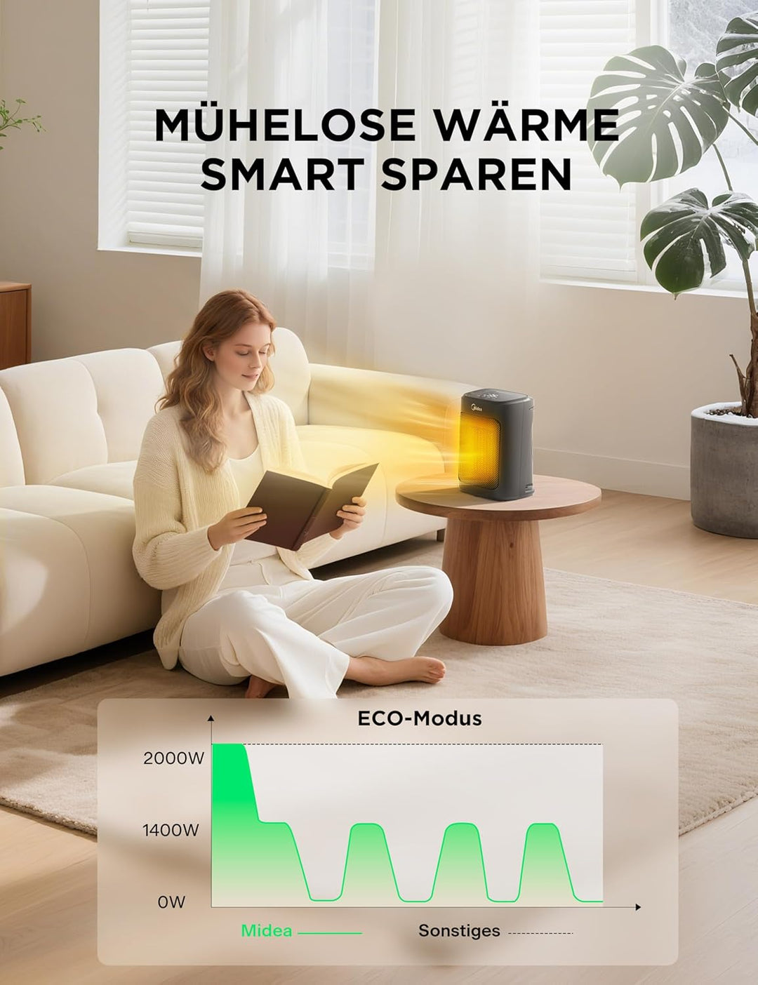 Midea PTC Keramik Heizlüfter mit 4 Modi, 2000W, energiesparend, elektrische Heizung - tragbare Raumh