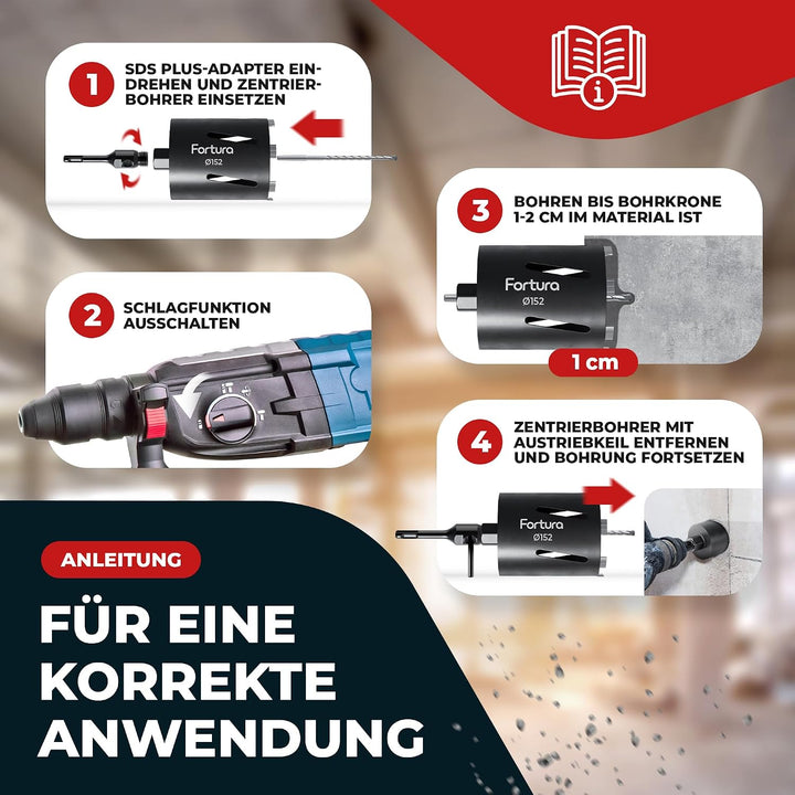 Fortura Kernbohrer/Bohrkrone Ø50-162mm / 200mm Länge/SDS Plus/Dosenbohrer/Diamantbohrkrone/Bohrkrone