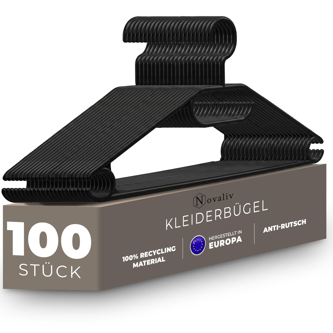 Novaliv 100 Kleiderbügel schwarz | 360° drehbarer Haken | Anti-Rutsch-Rillen | für Hemden Blusen Röc