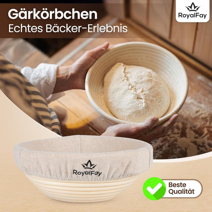 Gärkörbchen rund 23 cm – Brotform aus natürlichem Rattan für Sauerteig und Brotteig – inklusive Lein