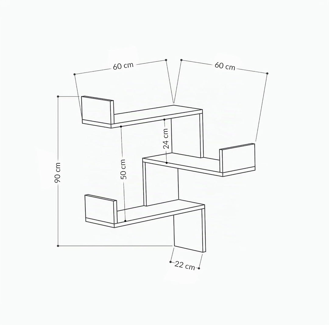 Luksa Wandmontiertes Eckregal mit 3 Etagen | Bücherregal &amp; Dekoregal | 60 x 60 x 90 cm | Verschieden