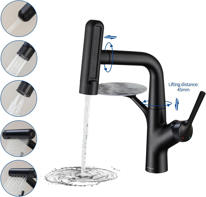 Waschtischarmatur Schwarz Wasserhahn Bad mit Ausziehbar 6 Brause, Schwarz