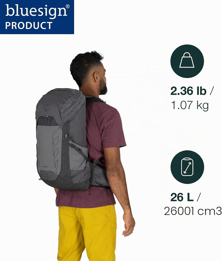 Osprey Talon 26L Herren Leichter Wanderrucksack mit Hüftgurt, Schwarz/Kohlegrau 26L - Standard Fit S