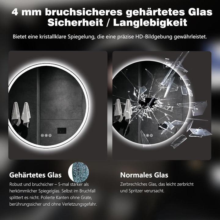 60cm Runde LED Badezimmerspiegel mit Beleuchtung, Dimmbar &amp; 3 Farben – Front- &amp; Hintergrundbeleuchtu