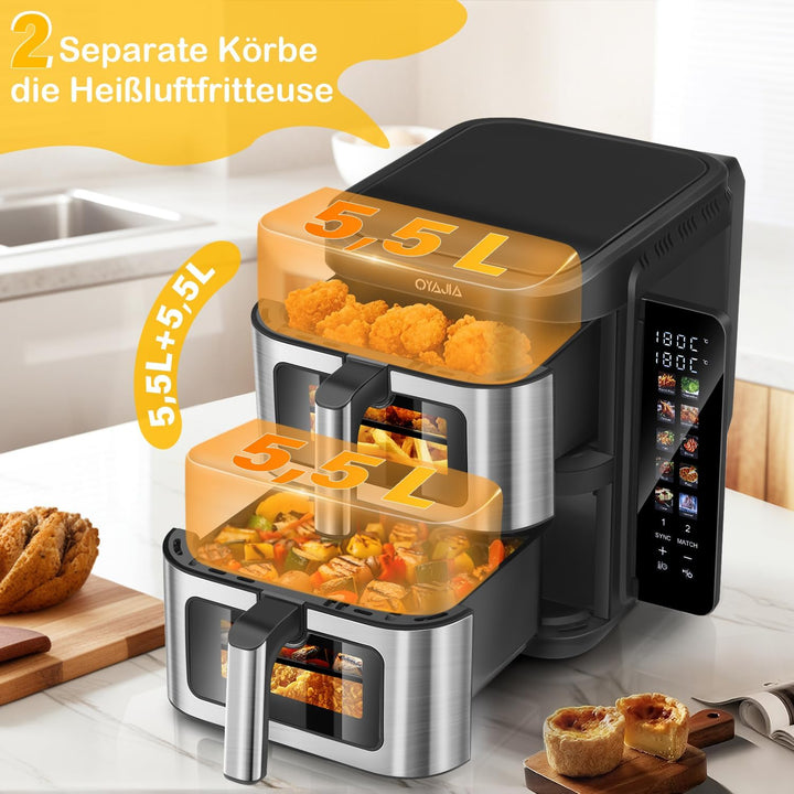 Klappbarer Farbbildschirm 5,5 L &amp;5,5 L (11 L) 2800 W (200 °C) 12 voreingestellte Modi-Stacked Dual B