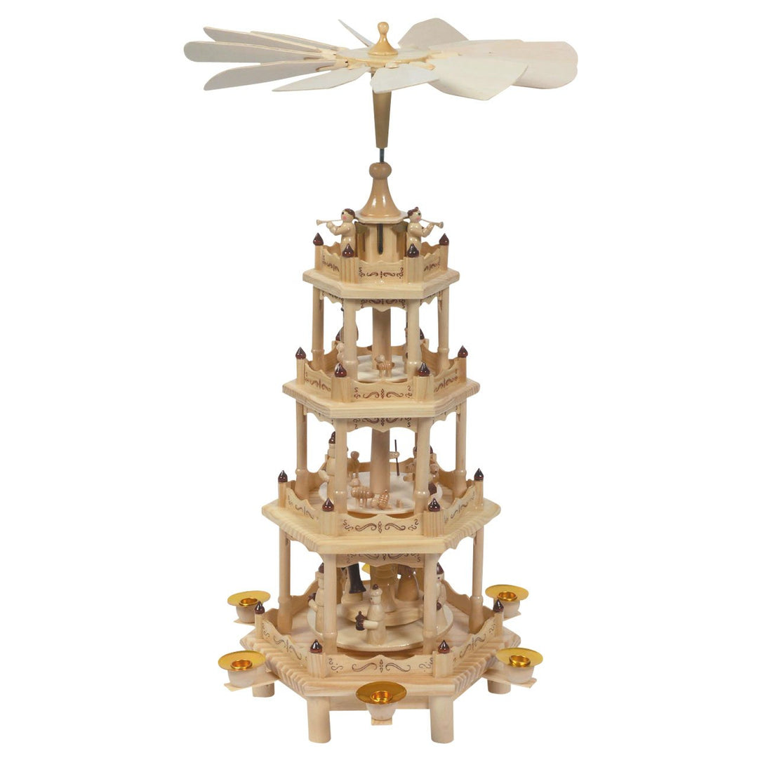 Grosse Weihnachts-Pyramide 4 Motive in 4 Etagen, H: 55 cm, Naturtöne, handbemalt im Kunsthandwerks-S