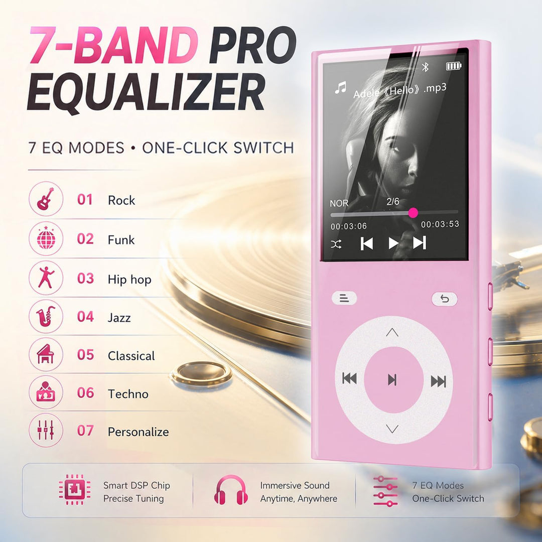 90GB MP3 Player Bluetooth 5.3, Musik Player 2 TF-Kartensteckplätzen Rosa, Rosa