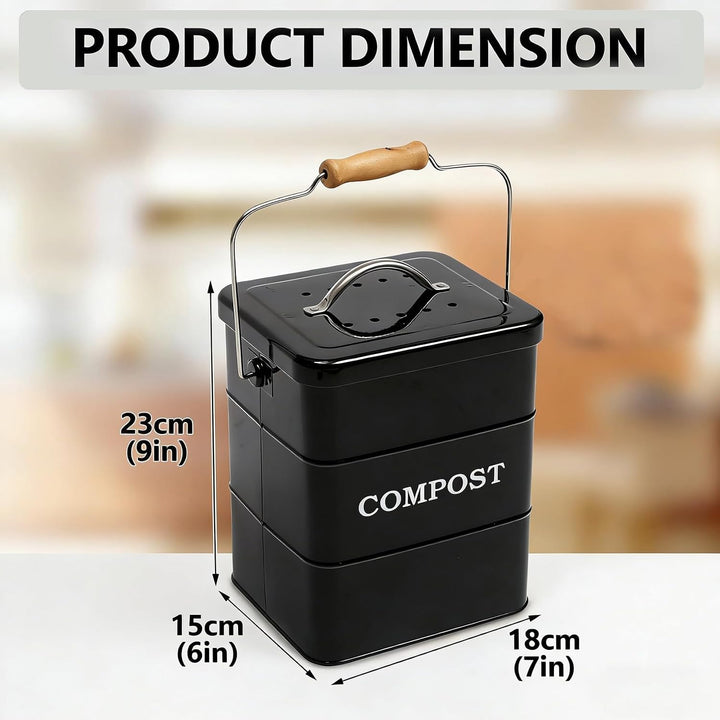 Komposteimer Küche 6 L Metall Schwarz mit Aktivkohlefilter Deckel