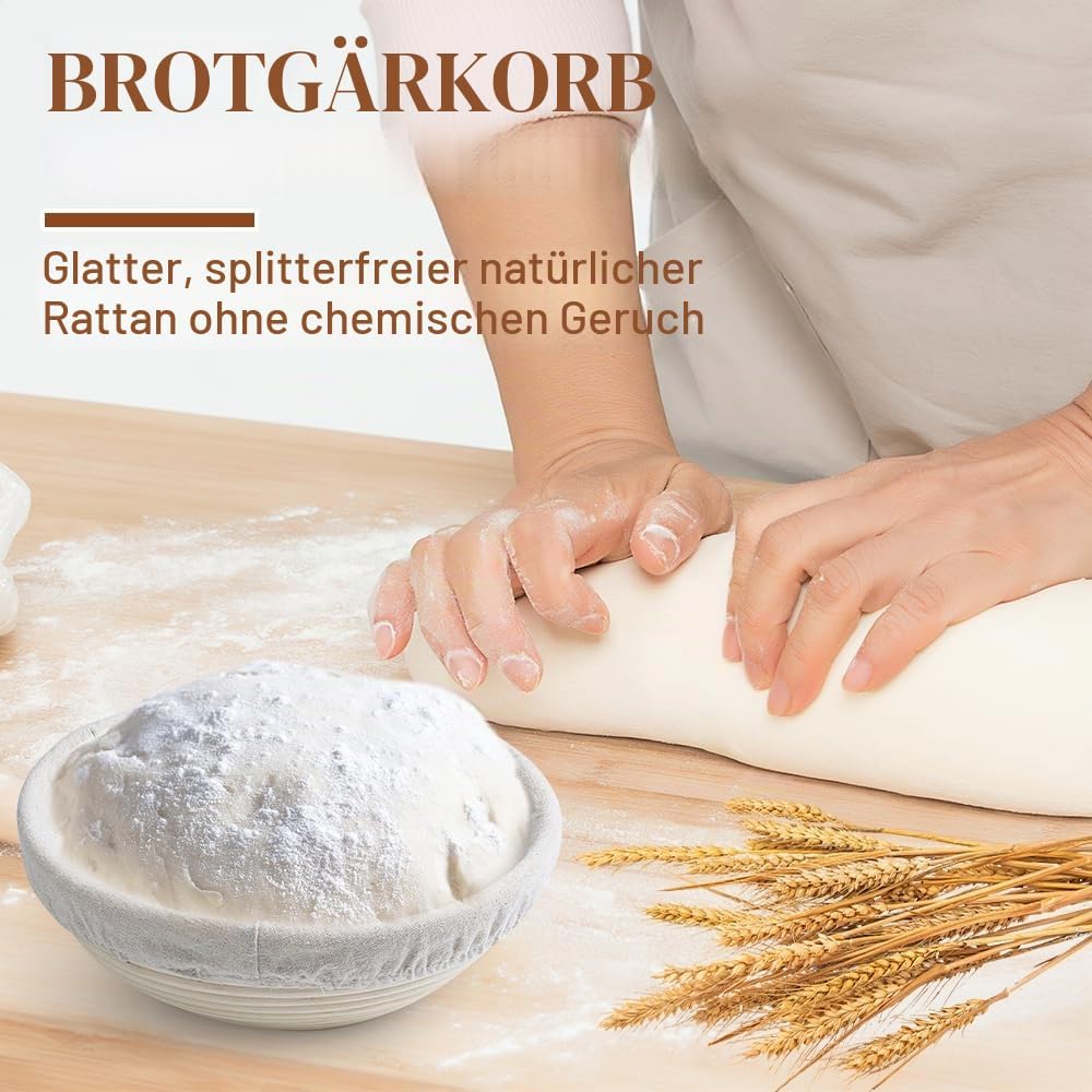 Gärkörbchen Rund, 8 Zoll Gärkörbchen für Brot mit Leineneinsatz, Natürlicher Rattan Gärkorb Brot, Br