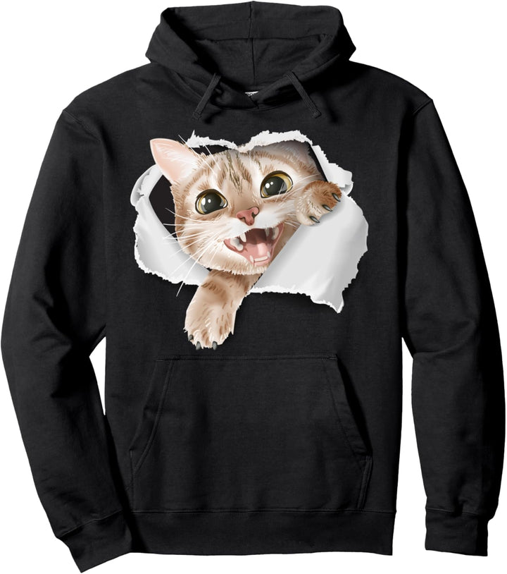 Katzenkarikatur im zerrissenen Stoffloch Pullover Hoodie