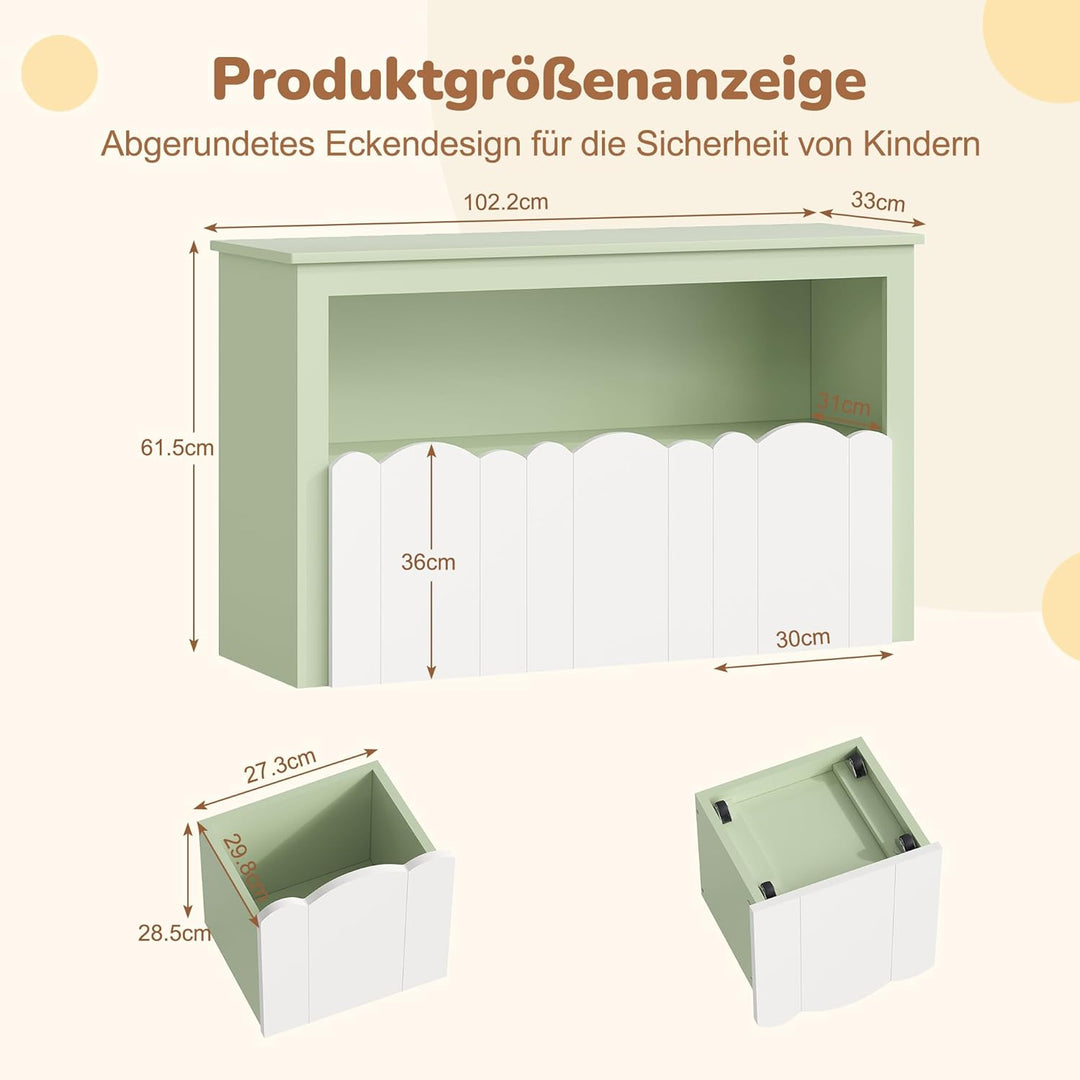 YOUDENOVA Kinderregal, Kinderzimmer Möbel mit 3 Boxen, Spielzeug Aufbewahrung auf Rollen, 102,2x33x6