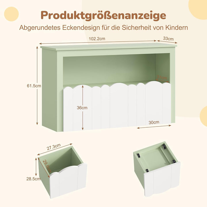 YOUDENOVA Kinderregal, Kinderzimmer Möbel mit 3 Boxen, Spielzeug Aufbewahrung auf Rollen, 102,2x33x6