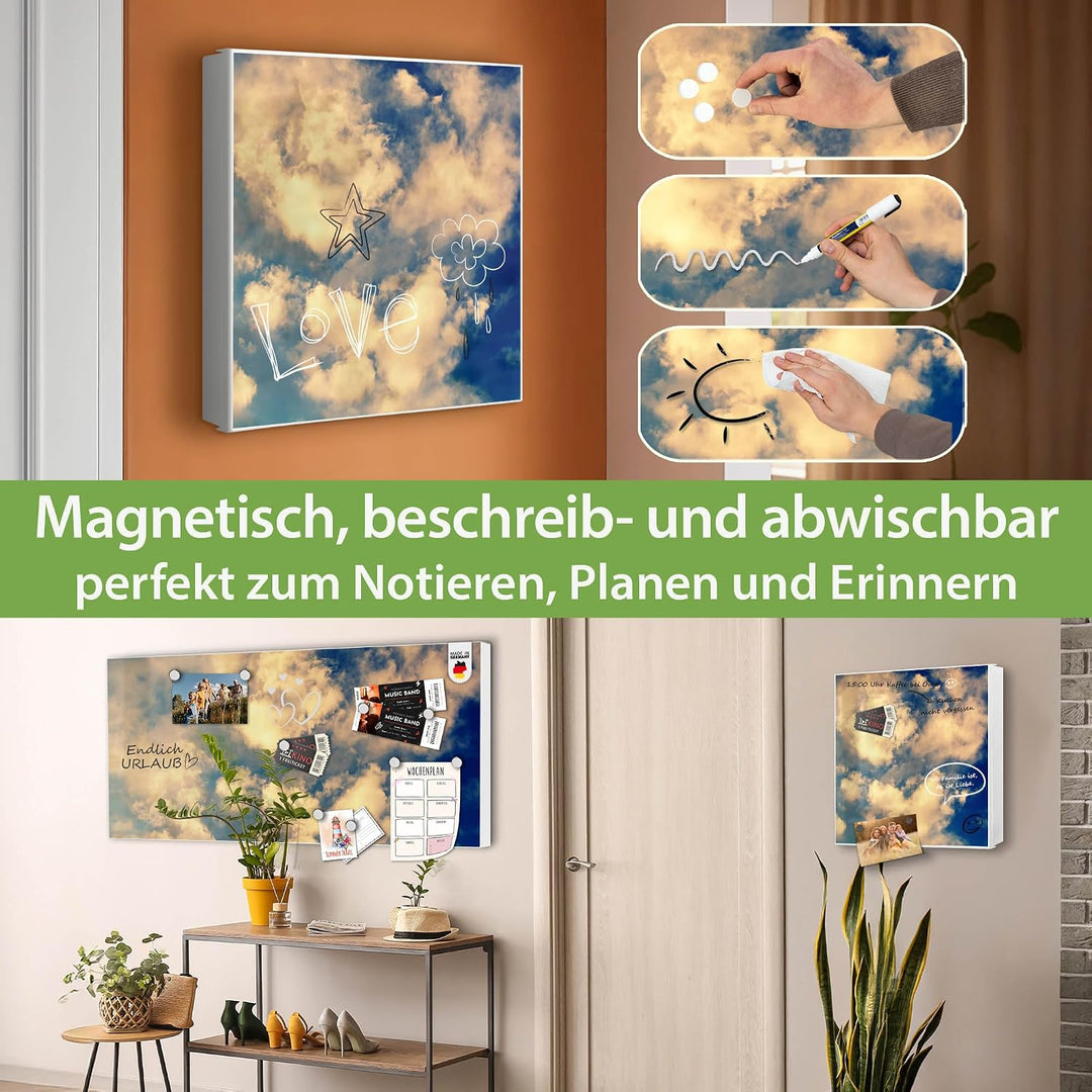 banjado® Grosser Schlüsselkasten Glas/Schlüsselbox 30cm x 30cm mit 50 Haken - Motiv Wolken 3 / Schlü