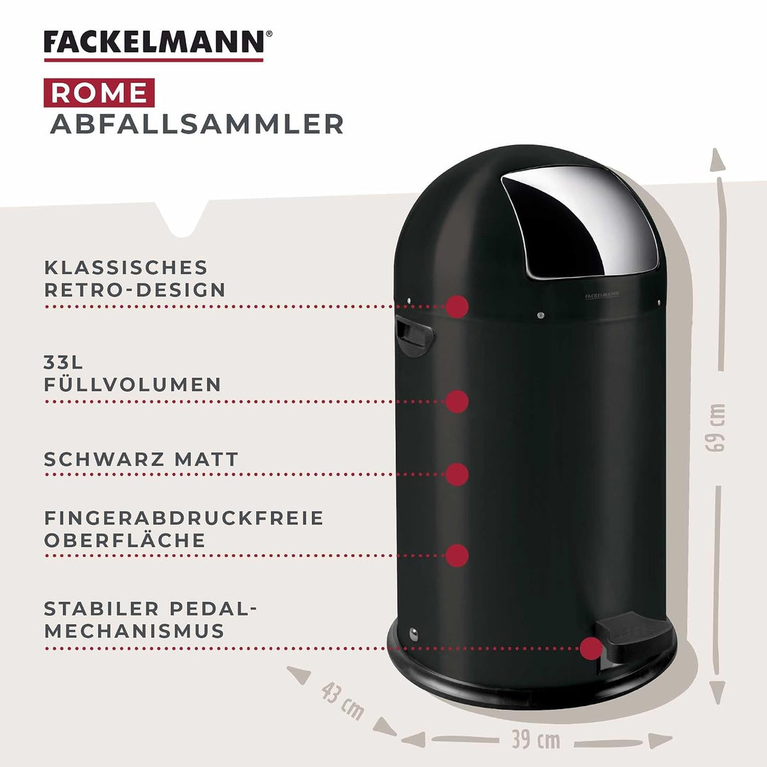 FACKELMANN ROME Pedal-Abfallsammler 33L Schwarz matt – Stilvoller Abfalleimer in Retro-Design mit ro
